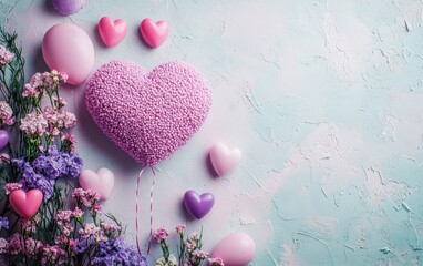 Wall Mural - A delightful pink heart cake nestled among vibrant purple and pink balloons, perfect for Valentine's Day celebrations.