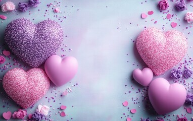 Wall Mural - Three heart-shaped cakes adorned with pink and purple sprinkles sit charmingly on a blue surface, perfect for love.