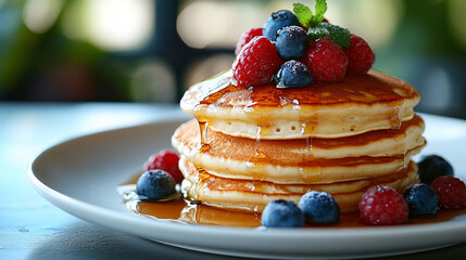 Wall Mural - pancakes with blueberries and raspberries