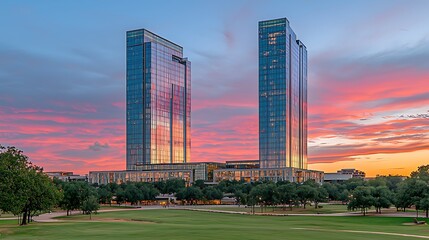 Canvas Print - A sunset view of modern glass skyscrapers reflecting colorful clouds.