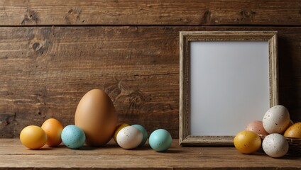 Wall Mural - Photo frame or artwork display mock up on wooden table with easter eggs