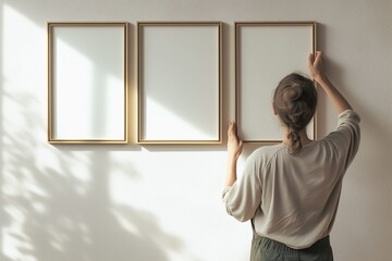 Canvas Print - The housekeeper is attaching empty picture frames to the walls in the house