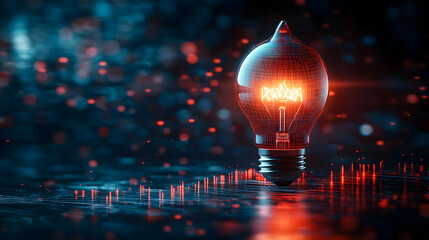 Poster - Glowing lightbulb, innovation concept, dark background, digital technology, website banner