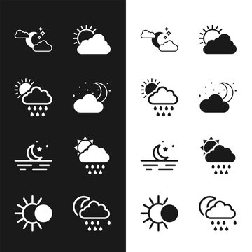 Set Cloud with moon and stars, rain sun, Sun cloud weather, Moon, and Eclipse of icon. Vector
