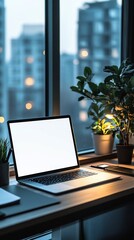 Wall Mural - Laptop on desk, city view, night work