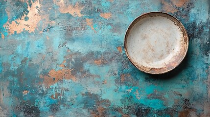 Wall Mural - Vintage plate rests on textured blue and copper background in artistic setting