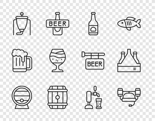 Sticker - Set line Wooden barrel on rack, Beer helmet, bottle, brewing process, Glass of beer, tap with glass and Pack bottles icon. Vector