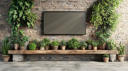 Wall Mural - Stylish indoor plant arrangement with decorative pots and modern wall-mounted television