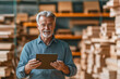 © Peeradontax - A cheerful senior man, dressed in a work apron and shirt, standing in a woodworking workshop filled with stacked wooden planks