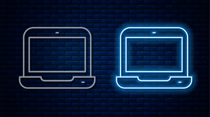 Wall Mural - glowing neon line laptop icon isolated on brick wall background. computer notebook with empty screen