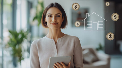 Confident young woman holding tablet in modern home environment with real estate and investment icons overlaid