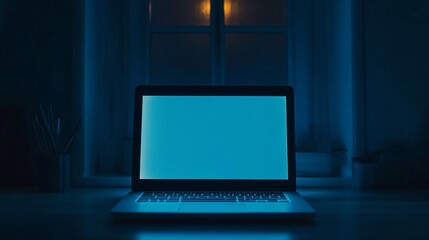 Wall Mural - Night laptop screen glow, home office, window