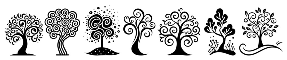 Wall Mural - collection of stylized vector trees featuring decorative and intricate swirls