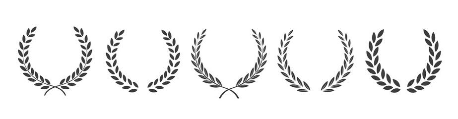 Wall Mural - Black laurels set. Circular foliate laurels branches. Laurel wreath silhouette. Trophy crest. Greek olive branch award, winner round emblem. JPG image