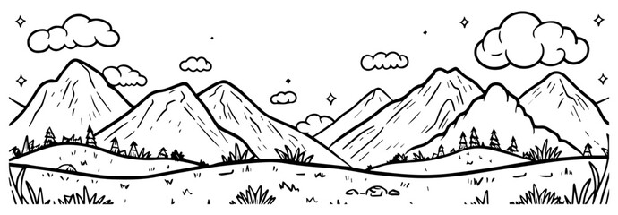 Wall Mural - vector illustration of a hand-drawn mountain landscape with clouds and rolling hills