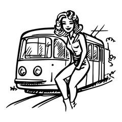 Wall Mural - vector illustration of a pin-up girl posing with a vintage tram