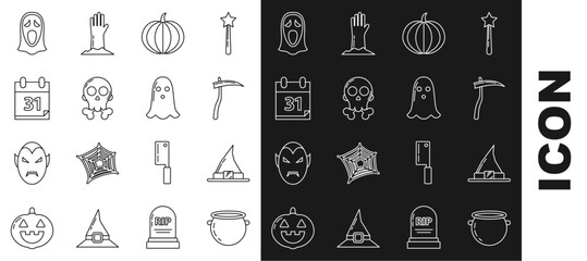 Wall Mural - Set line Halloween witch cauldron, Witch hat, Scythe, Pumpkin, Skull crossbones, Calendar with date 31 october, Funny and scary ghost mask for and Ghost icon. Vector
