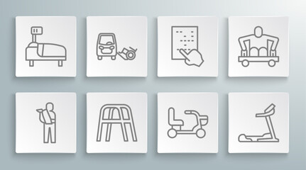 Wall Mural - Set line Human broken arm, Disabled car, Walker, Electric wheelchair, Treadmill machine, Braille, Man without legs sitting and Hospital bed icon. Vector