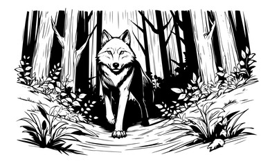 Wall Mural - Wolf in forest vector – detailed black and white nature artwork