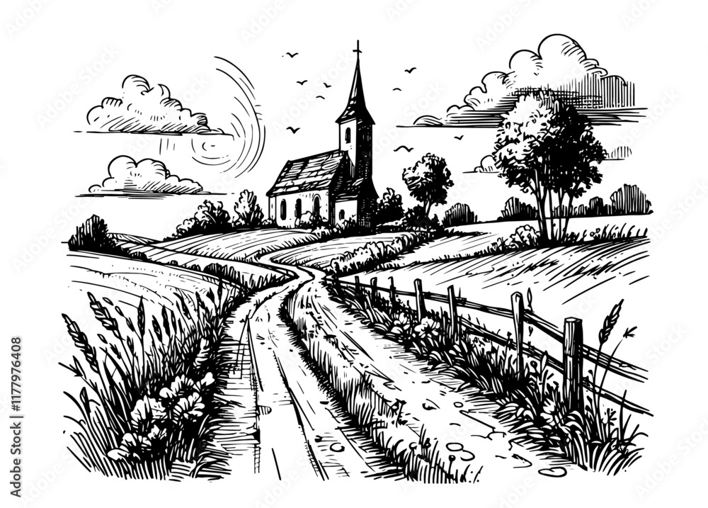 vintage black and white vector sketch of a countryside church with ...