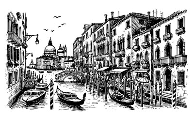 Wall Mural - artistic black and white vector drawing of Venice with detailed canal scenery