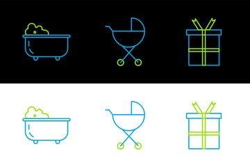 Wall Mural - Set line Gift box, Baby bathtub and stroller icon. Vector