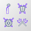 © Oksana - Set line Crossed medieval axes, Wooden shield with crossed swords, Medieval and Dynamite bomb stick clock icon. Vector