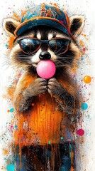 Wall Mural -   A raccoon wearing sunglasses and a baseball cap, with a bubble in its mouth