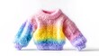 © mtsbraja - Adorable rainbow-colored hand-knitted baby sweater on white background.