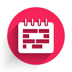 Sticker - White Calendar icon isolated with long shadow. Event reminder symbol. Red circle button. Vector