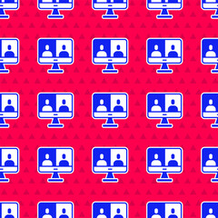 Wall Mural - blue video chat conference icon isolated seamless pattern on red background. computer with video cha