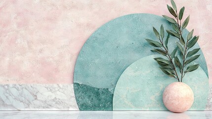 Wall Mural -   A vase with a plant sits on a table near a round object with a twig protruding from it