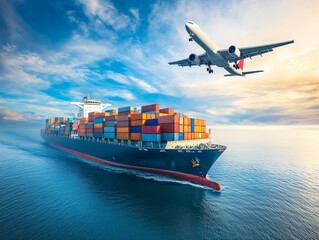 Airplane soars above cargo ship loaded with vibrant containers in ocean, symbolizing global trade