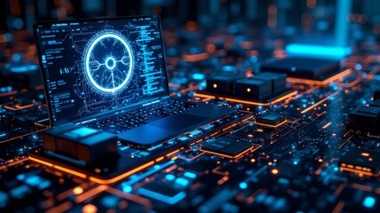 High-tech laptop with glowing circuits to showcase data analysis and digital innovation