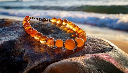 Wall Mural - beautiful amber necklace resting on a stone by the sea with gentle waves in the background1.jpg