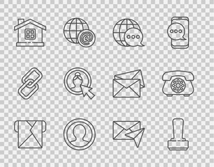 Canvas Print - Set line Envelope, Stamp, World map made from speech bubble, Create account screen, House, and Telephone icon. Vector