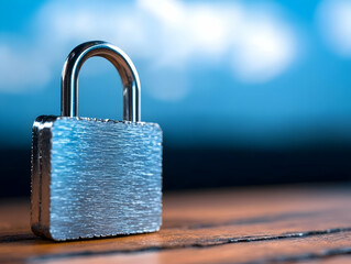 Wall Mural - Padlock security, wooden surface, blue sky background, data protection concept, website security