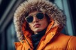 © Bay - A stylish young man wearing an orange parka with a fur-lined hood and sunglasses stands confidently in an urban environment during winter, setting a fashionable tone