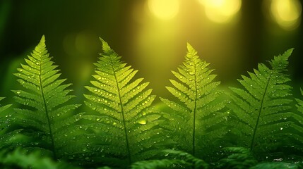 Wall Mural - Three Dew Covered Ferns Bask In Sunlight