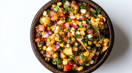 A bowl of fresh corn chips with homemade salsa on a white isolated background