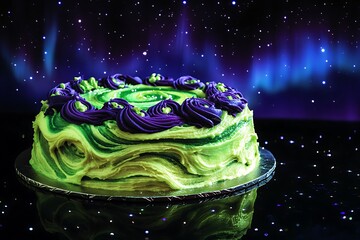 a northern lights-themed birthday cake with swirling green and purple frosting under a starry sky, o