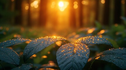 Wall Mural - Dewdrops Glisten on Forest Leaves at Sunset