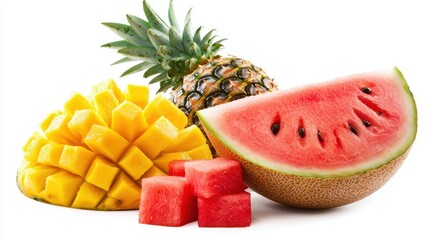 Wall Mural - A bowl of fresh fruit with pineapple, mango, and watermelon on a white isolated background