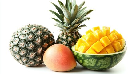 Wall Mural - A bowl of fresh fruit with pineapple, mango, and watermelon on a white isolated background