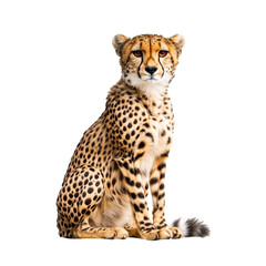 Cheetah sits gracefully on a white background