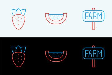 Wall Mural - Set line Location farm, Strawberry and Watermelon icon. Vector