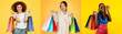 © Prostock-studio - A vibrant collage showcases three individuals joyfully holding colorful shopping bags. They embody the excitement of shopping during a discount sale event, promoting a lively atmosphere.