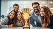 © Lira - Office team celebrates with smiles and excitement, focusing on a gold trophy as a symbol of their success and accomplishment
