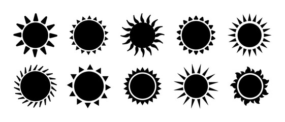 Wall Mural - Sun vector icon silhouette set in black colour. Sun icon set. Black sun star icons collection. Summer, sunlight, nature, weather icon sky. Vector illustration isolated on white background.