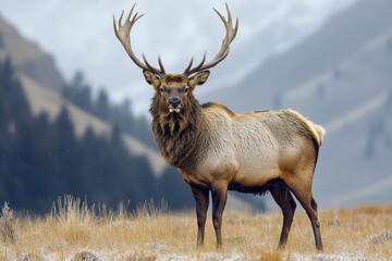 Wall Mural - A large elk standing on top of a dry grass-covered field